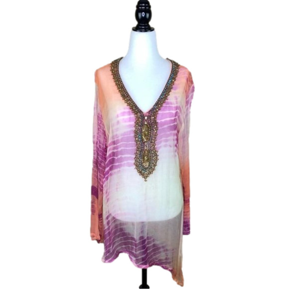 𝅺Bedo Sheer Gauzy Beaded Tunic Top Cover-up - Picture 1 of 11